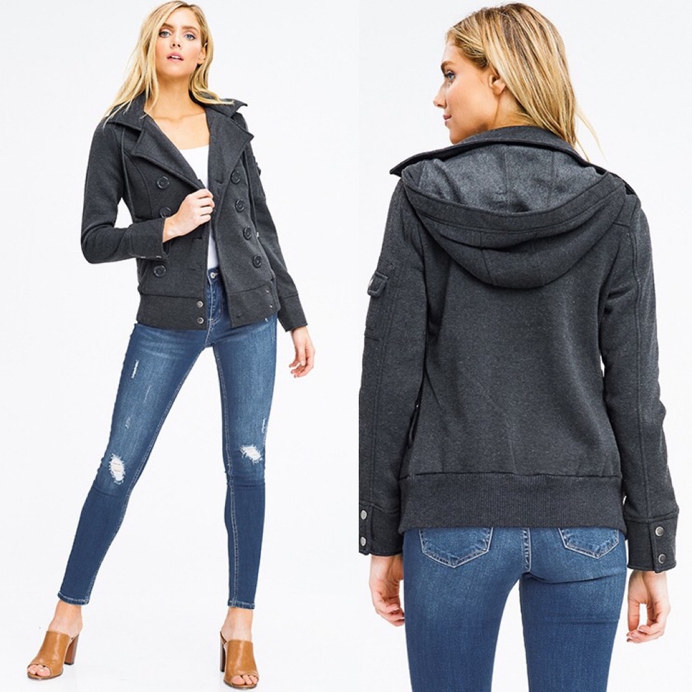 Cozy Charcoal Button Down Hoodie Jacket Coat - Picture 2 of 2